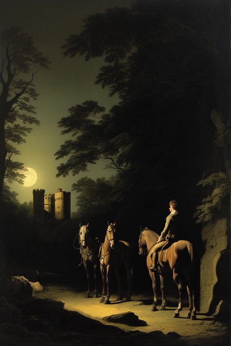 Joseph Wright Of Derby Style - a moonlit scene at the edge of a loney castle forecourt bordering a forrest. Two horses without riders stand in the shadows. A 20 year old man from the 16th century stands nearby.