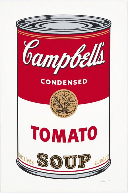andywarhol1 illustration.
A Campbell's Soup can with a red and white label. The top half is red with "CAMPBELL'S" written in white and "CONDENSED" in smaller, bold white letters below.  The bottom of the can says "TOMATO SOUP". <lora:andywarhol1_cap_d6a3:1.0><lora:836293917373883036:0>
