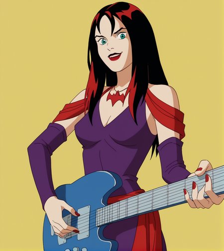 score_9,score_8_up, score_7_up,
hexthorn, 1girl, solo, long black hair with red highlights, 
green eyes, purple dress with red draped sleeves, red bat necklace, 
playing guitar, holding guitar, yellow background, 
retro_artstyle, cartoon, source_cartoon, 1990s_style,
 <lora:Thorn_The_Hex_Girls:.9>