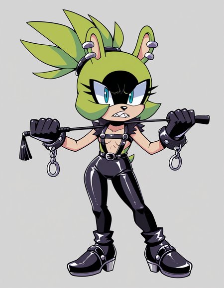zPDXL, score_9, score_8_up, score_7_up, score_6_up, score_5_up, source_anime, 4k, absurdres, 1girl, solo,
<lora:Surge_v2mini_LoCon:0.8> surge the tenrec, (green fur), (black fur), (two-tone fur), aqua eyes, black eyeshadow, long quills, shaded face, quills up, high ponytail,
sharp teeth, petite, small breasts, (dominatrix wearing Silk bodysuit with harness straps, silk robe with fur trim, silk blindfold, silk ankle cuffs, leather gloves, leather riding crop with a braided handle and flexible shaft), frown, angry, looking at viewer,