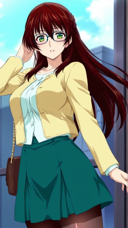 source_anime, genral, best quality, masterpiece, 1girl,  <lora:Suzune_Saijo_ill_v1.0:1> suzune_saijo\(srw\),green eyes,brown hair, long hair , glasses, yellow_fashion, green skirt, pantyhose,