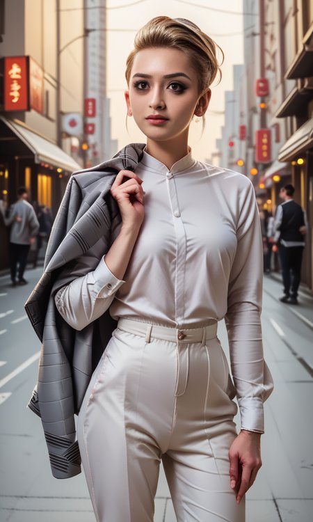 score_9, score_8_up, score_7_up, score_6_up, score_5_up, score_4_up,   slim girl in city ,  jakosho,    gray jacket over shoulder,  short colorful hot-pants and white blouse,   <lora:JacketOverShoulderPony:1>