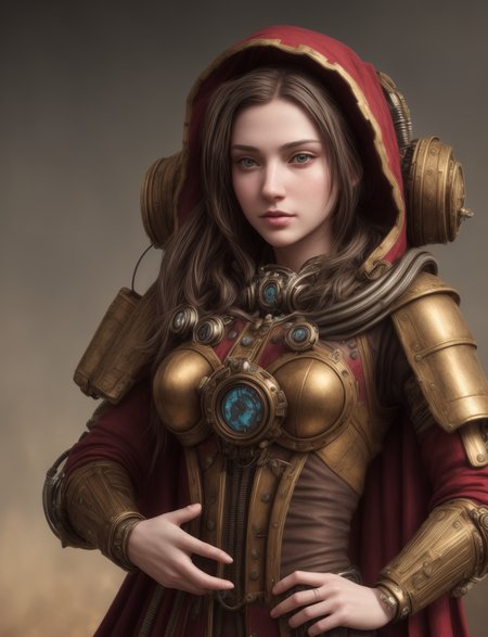 Ultra-realistic 8k CG, masterpiece, best quality, (very detailed face),masterpiece, best quality, 1girl, 20 years old, woman, colorful, (full body, wide shot),  <lora:more_details:0.8>  <lora:techpriest:0.8> mechanical arms, steampunk, hood, robe, techpriest, forgeworld, adeptus mechanicus,
