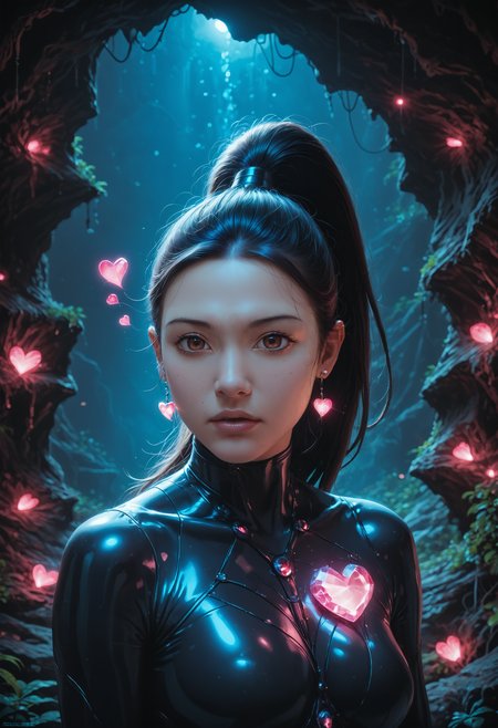 score_9,score_8_up,score_7_up, sorce_real, 8k, hd, (1 girl, brown eyes, high ponytail, bioluminescent latex suit, seij, <lora:Seij-000001:1>), cute and mischievous, black suit, purple details, neon colored glowing particles in the black skin, black skin with neon pink bioluminescence, cinematic light, looking at viewer, dark, night, mysterious atmosphere, floating hearts, beautiful  creatures, flies through a dark stalactite cave at night, bioluminescent icicles on the walls, everything is shrouded in darkness.  <lora:SDXLFaeTastic2400:0.4>, cave by Jed-Cosmos  <lora:Jed-Cosmos-sdxl:0.4>  <lora:ral-swarcrystl-sdxl:0.5> multicolored gemstones made of ral-swarcrystl