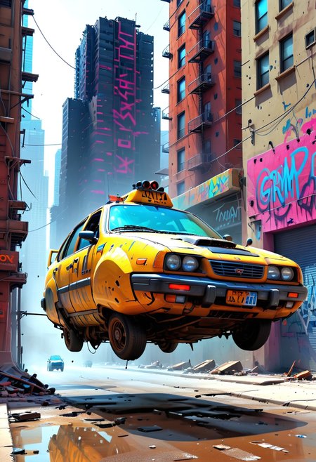 Highly saturated colors, grimy, splattered, unique shapes, a futuristic city skyline, focus on a moebius inspired Hovering_Car taxicab, broken, hovering in the alley, grimy, falling apart, rusty and dented, tall randomly shaped skyscrapers under construction, graffiti and inkpunk inspired art with visible paint strokes, impasto texture, evi@decrepPunk