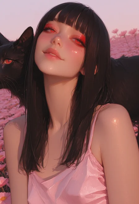 masterpiece, ultra-HD, cinematic lighting, photorealistic, impressionism (1.5), high detail, depth of field, (blurred background), (dramatic lighting),masterpiece, best quality, very aesthetic,8k,masterpiece, best quality,realistic, masterpiece, best quality, 8k, , simple_background, , , half close-up, sexy pose, long black hair, straight hair,blunt bangs, red eye makeup, blushing, asian, small head, pretty face, korean, ecstasy on face, ((slim body)), (small breasts), Dynamic angle, Dynamic pose, sfw, portrait, pastel pink sundress, in a field of sunflowers. holding black cat. smiling. happy. sunset
<lora:ppw_v7_animv4_1_r2:0.6> <lora:748cm_illu:0.6> 7481llu <lora:69yottea_illu_v2:0.4> <lora:illustrious_all_rated_v1:0.6> masterpiece, best quality, very aesthetic, absurdres
