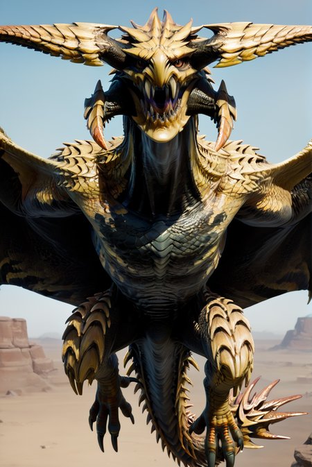 source_furry, score_9, score_8_up, score_7_up, (reydau_wilds, wyvern, feral), scalie, yellow scales, black underbelly, black scales, horns, fangs, teeth, sharp teeth, amber eyes, detailed eyes, long neck, spikes, claws, tail, spiked tail, winged arms, wings, <lora:MH_ReyDauPony:0.8>, <lora:Add_DetailedEyesPony:0.8>, <lora:add-detail-xl:0.8>, outdoors, desert setting, midair, flying, closeup, portrait, front view, look at viewer, closed mouth, seductive eyes, zPDXL2, zPDXLpg, zPDXLrl, best quality, highly detailed, extreme details, masterpiece, photorealistic, hyperrealistic, ultra realistic, hdr, 4k, uhd, ray tracing, shaded