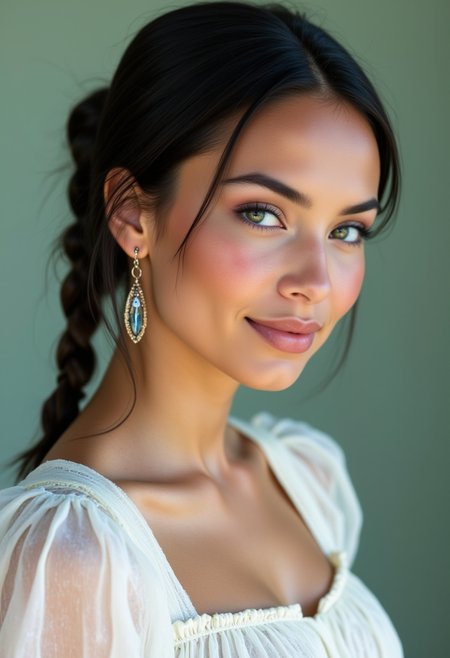 She is approximately 18 years old. Hyperrealism, she is looking at the camera, (dynamic angles), profile headshots of a beautiful, stunning unique female character.  she has braid dark hair. her eyes are filled with joy and excitement, extravagant eyelashes. a photo of Maid3n, she is wearing a white frilly shirt. The woman is posing confidently. simple sage green colored background. She has a slight smile on her face and is looking directly at the camera. making this image a masterpiece of photography and digital art. realistic. making this image a masterpiece of photography and digital art. Style: realistic hyper-detailed rendering, 32k UHD, expressive eyes, punk, graphic design, girl's face, pretty and cute, gleaming lips, telling a tale of adventure. Exuding confidence and serenity. The overall mood of the image is happy and relaxed,detailed skin texture,(blush:0.2),(goosebumps:0.3),subsurface scattering,whimsical,Detailed hand, Perfect hand. Perfection style.