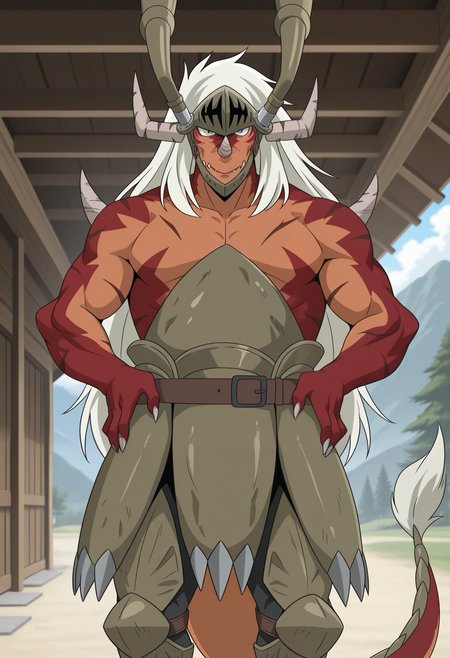 masterpiece,best quality,amazing quality, 1boy, solo, bunk3r_d4d, dragon boy, grey eyes, helmet, armor, crotch plate, tail, tail armor, outdoor, folded arms,