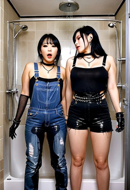 2 attractive, happy, mysterious, busty, korean emo females, aged 20, with long, wet, black hair and goth details, wearing black, shiny, plastic bib overalls, with chains, buckles, zippers, straps, and metal details, while kissing and peeing in a dark, wet bathroom. omo wet, peeing overalls. Fishnet gloves. Dark room, spotlights. Masterpiece, best quality.