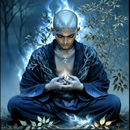 <lora:Ethereal_Gothic_EleganceSDXL:1> Ethereal Gothic Elegance, The image is a digital art piece that appears to be a representation of a person sitting in a meditative pose. The person is bald and is wearing a dark blue robe with intricate patterns and designs. They are sitting on a bed of leaves and branches with their hands clasped together in front of them. The background is a dark foggy landscape with a hint of smoke and flames. The overall mood of the image is mystical and mystical., solo, male focus, 1boy, bald, sitting, indian style, japanese clothes, jewelry, fire, smile