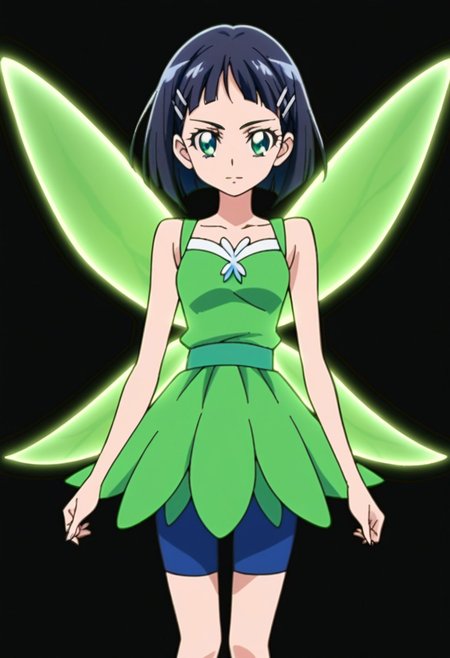 score_9, score_8, score_7, source_anime, 1girl, solo, pretty cure, suguha kirigaya, short hair, black hair, hair ornament, hairclip, green eyes, blue shorts, bike shorts, bike shorts under skirt, green dress, fairy wings, fairy, multiple wings, spread wings, energy wings, glowing wings, green wings,