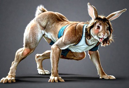 .1man,25 years old,(brown hair,long hair,wavy hair,layered hair),handsome,(transformation,species transformation:0.8) into (rabbit),feral transformation,confused,realistic,full body shot,body horror,((paws)),looking down at hands,buck teeth, rabbit teeth,((rabbit ears)),furry ears,long rabbit ears,man morphing into rabbit, embarrassed,(realistic fur, rabbit fur, fluffy fur,brown fur,detailed fur texture,fur covering body),rabbit pupils,(rabbit legs),(digitigrade),(on all fours),rabbit muzzle,animalistic proportions,((rabbit body)),human head,