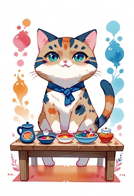 score_7_up, score_8_up, score_9, (full body:1.15), cat, animal kitten, chibi animal cat, Kus1cat, Chibi Art Style, furr, 
cute cat, game character, very cute, chef, watercolor style,
(Wooden table with colorful tablecloths detailed background:1.19), HQ,