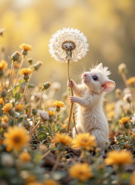 The image depicts a small, white mouse climbing the stem with its paws to touch the fluffy top of a dandelion. The mouse is positioned in the center of the image, and its body is slightly tilted to the right. The dandelion is in focus, with its delicate white seeds forming a spherical shape at the top. The mouse's eyes are wide open, and its ears are perked up, giving it an alert and curious expression. The background is softly blurred, featuring warm, golden tones that suggest a sunset or sunrise. There are other plants and flowers visible, with some orange-colored blossoms in the foreground and background. The overall scene has a whimsical and magical quality, with the mouse appearing almost as if it is interacting with the dandelion in a playful manner. The lighting is gentle and diffused, enhancing the dreamy and serene atmosphere of the image.