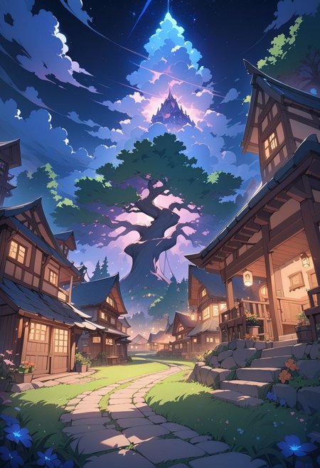scenery, outdoors, grass, dark, a fantasy setting village, moonlight, night, interesting lighting, cozy atmosphere, glowing lights, flower, starry sky, epic cloudy sky, a magical city, twilight, nature, wind, masterpiece, best quality, very aesthetic, magical tree, no people, source anime, fall colour scheme, a stone road, mythical, breath of the wild