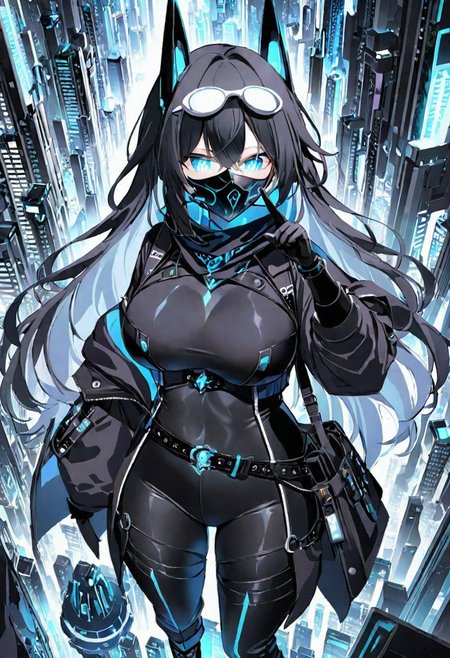 Best quality, masterpiece, sci-fi abyss city with extremely dim lights above, one girl with round huge breasts, pointing up, floating, long scarf, jet black long messy hair, overmasked 1.2, mask covered mouth, only one pair of glowing pure white round goggles over eyes, black full bodysuit with belts and pockets, corset, baggy jacket, slim waist, slim belly, tight pants, thick clavicle, thick hips, thick thighs, long boots