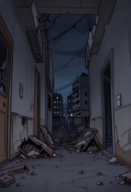 masterpiece, best quality,
 <lora:Inusen:1>
1n0s3n, nobody on screen, apartament exterior destroyed background, drawned in inusen style, night, dutch angle of an exterior corridor from a apartment building,