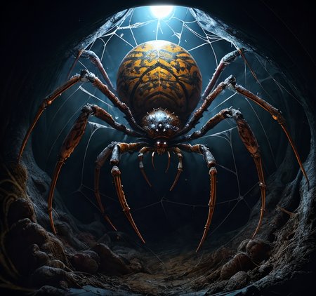 RAW photo, (masterpiece:1.3), subsurface scattering, heavy shadow, (high quality:1.4), (intricate, high detail:1.2), professional photography, HDR, High Dynamic Range, realistic, ultra realistic, photorealistic, high resolution, film photography, ambient lighting, atmospheric effects, <lora:detail_slider_v4:2>, OverallDetail,  <lora:Spider_Lair:1>, bug, monster, moon, no humans, scenery, silk, spider, spider web, spidla, tree, weapon