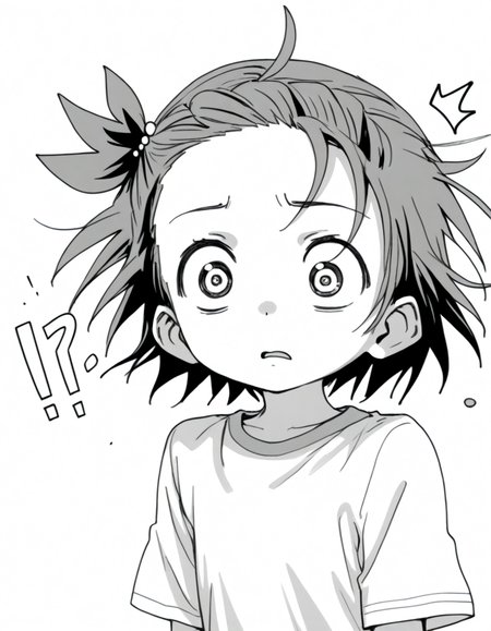 <lora:YuitsukaInori_pony_v01:0.8> yuitsuka inori, 1girl, solo, monochrome, greyscale, deformed, wide-eyed, surprised, confused,