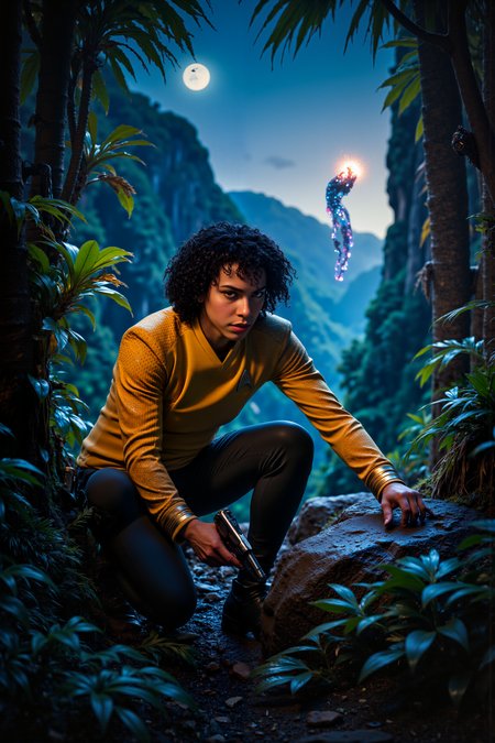 A hyper-realistic portrait, photorealistic photo close-up image of  On a lush, green planet surrounded by towering, alien trees, a Starfleet officer with bronze skin and curly, shoulder-length black hair crouches behind a boulder, his phaser drawn and eyes locked on a distant, shimmering anomaly in the air. The officerâs yellow SNW uniform is dirtied from a rough landing, but his posture remains tense and ready. Behind him, strange, bioluminescent plants pulse gently in the twilight, their colors casting an otherworldly glow across the landscape. Above, the twin moons of the planet hang low in the sky, casting long, soft shadows on the ground. In the distance, a shimmering, translucent creature emerges from the anomaly, its glowing form hovering in the air as if defying gravity. The air is thick with tension as the officer's tricorder buzzes faintly, gathering data on the mysterious life form. Around him, the jungle hums with the soft rustling of leaves and distant alien wildlife, adding to the atmosphere of uneasy calm. The scene is one of discovery and potential danger, as the officer faces the unknown, ready for whatever may come. (photography, high-resolution, dynamic, energetic,hyper-realistic, dramatic lighting, shallow depth of field.), detailmaximizer, MythP0rt<lora:midjourney_whisper_flux_lora_v01:0.55><lora:aidmaMJ6.1-FLUX-V0.1:0.4><lora:FluxMythP0rtr4itStyle:0.4><lora:detailed_flux_ntc:2.2><lora:aidmaImageUpgrader-FLUX-V0.1:0.65><lora:SNW_FLUX_V2:1.1>