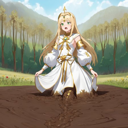 masterpiece, best quality, digital art, deviantart, 1girl, golden hair, medium breasts, small waist, white dress, gold ornaments, priestess, green grass, hills in the distance, trees, flowers, blue sky, partially submerged, brown mud, mud bog, sticky mud, scared, worried, screaming, close up