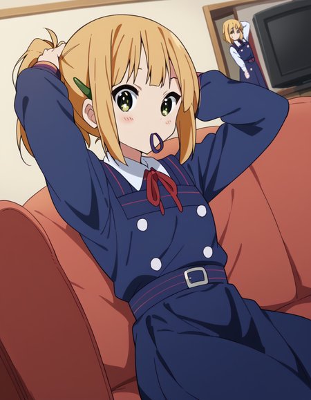 score_9, score_8_up, score_7_up, source_anime, <lora:midori-tokiwa-s1-ponyxl-lora-nochekaiser:1>, midori tokiwa, short hair, blonde hair, hair ornament, green eyes, hairclip,, school uniform, pinafore dress, ribbon, red ribbon, long sleeves, blue dress, buttons, long skirt,, living room, television, couch, popcorn, watching movie, night time, sitting, , <lora:hair-tie-in-mouth-ponyxl-lora-nochekaiser:1>, hair tie in mouth, hair tie, mouth hold, rubber band, blush, tying hair, adjusting hair, hands in hair, arms up, arms behind head, ponytail, hand in own hair, hair lift, cowboy shot, looking at viewer, looking at viewer, solo,, dutch angle, cowboy shot