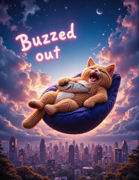 aidmafluxproultra , realistic image, photograph , top view of a chubby yawning sleepy cat lying on back in bean bag chair , its tail dangling freely , holding huge fish with four paws , floating in swirling vivid colorful clouds above top bird view night city , on top of image floating text "Buzzed out", <lora:flux\Textimprover-FLUX-V0.4.safetensors:1.0:1.0> <lora:flux\aidmaFluxProUltra-FLUX-v0.1.safetensors:1.0:1.0>