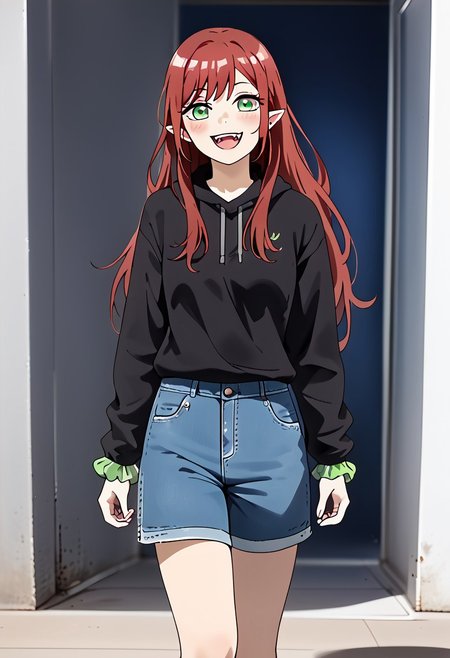 score_9, score_8_up, score_7_up, perfect eyes, partially illuminated, animification, animestyle, Anime_source, (4k), depth of field, (Masterpiece), extremely detailed, tall, long legs, medium breast, bokeh, high resolution, sharp detail, dark red hairs, redhair, dark red hair, <lora:Sono Bisque Doll wa Koi wo Suru - Marin Kitagawa Updated:0.7>, 1girl, fangs, green eyes, hair ornament, hair scrunchie, light blush, long hair, open mouth, smiling, pointy ears, scrunchie, happy, good hands, jeans shorts, leggings, opened black hoodie, baseball hat, top, every day clothing, Adidas Adilette sandals, beautiful feet, perfect feet, perfect toes, beautiful toes, night city background, ((masterpiece)), dynamic pose, (standing), night city, Tokyo city night, city night, BREAK, cowboy shot, dutch angle, looking at viewer, full body, feet,
<lora:add-detail-xl:-1><lora:minami-nanami-s1-ponyxl-lora-nochekaiser:0.8>