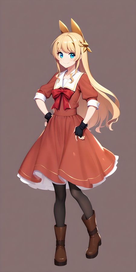 tachibana_hinata, 1girl, blonde hair, solo, long hair, gloves, smile, blue eyes, fingerless gloves, boots, pantyhose, dress, black pantyhose, full body, hand on hip, red bow, black gloves <lora:XL-TachibanaHinata:1>
