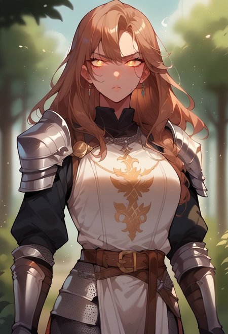 score_9, score_8_up, score_7_up,  source_anime,
1girl, kirika, brown hair, long hair, golden eyes, glowing eyes, large breasts, slim figure, paladin, serious expresion, 
surcoat, chainmail, armor, 
standing, dynamic pose, cowboy shot, 
outdoor, forest, blurry background, blurry, 
Expressiveh, rating_explicit