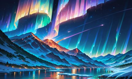 masterpiece, best quality, high quality, intricate, absurdres, very aesthetic, 
no humans, 
landscape, outdoors, nature, night,
mountain tops, snowy mountain, rocky mountains,
river, spring, sparkling water, mist, 
lava, magma stream, volcano in background,
trees, evergreen trees, windy, visible wing, wind lines, aurora,
ultra wide angle shot, cinematic style, highly detailed, majestic, shallow depth of field, movie still, hard light, circular polarizer, colorful, wallpaper, anime