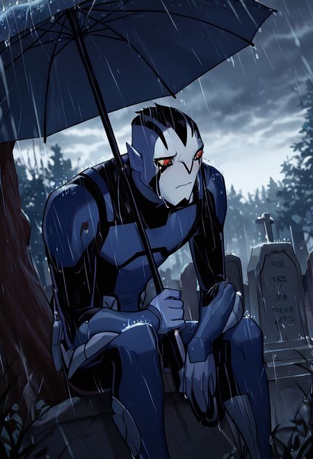 masterpiece, best quality, amazing quality, very aesthetic, absurdres, newest,
<lora:rook-10:1> rook, male focus, colored skin, alien, 1boy, yellow sclera, blue skin, white face, , red eyes, pointy ears, 
 blue bodysuit, armor, 
sad day, gloomy sky, dark grey sky, at graveyard, holding umbrella, hand on grave, near tree, crying, close up shot, sitting under tree, near grave, tombstone, graveyard, rain,