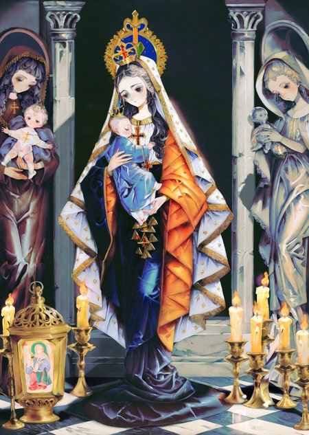 , by yogisya,  by rella
a statue of Mary holding  baby Jesus,  surrounded by candles, baroque dark art,  
black marble intricated with gold,  
shadows, high contrast, rim light
masterpiece, best quality, high quality, highres, absurdres, very detailed, high resolution, sharp, sharp image, 8k, vivid, colorful, stunning, anime