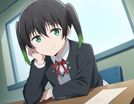 score_9, score_8_up, score_7_up, source_anime, <lora:yuu-takasaki-s2-ponyxl-lora-nochekaiser:1>, yuu takasaki, bangs, black hair, hair between eyes, twintails, green eyes, multicolored hair, green hair, medium hair, two-tone hair, gradient hair,, skirt, long sleeves, school uniform, jacket, red ribbon, black jacket, blazer, nijigasaki academy school uniform, white skirt,, indoors, smile, looking at viewer, solo, sitting, head rest, table,, cowboy shot, dutch angle