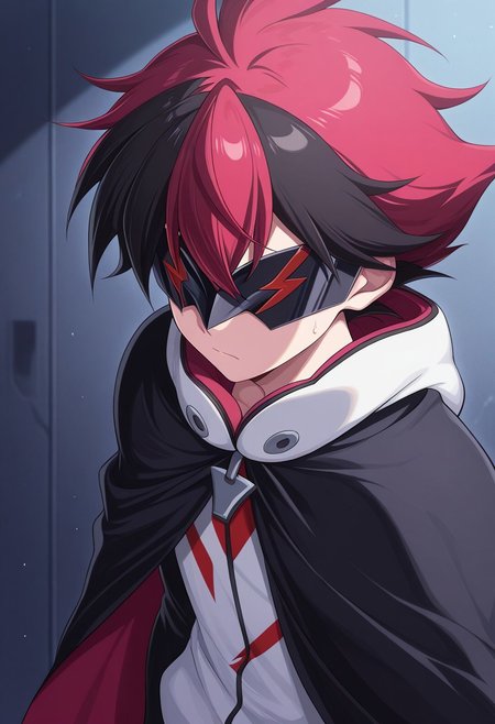 masterpiece,best quality,amazing quality, source_anime,
hiroryuga, 1boy, male focus, solo, multicolored hair, red hair, black hair, eye mask, hoodie, white hoodie, hood, cape, black cape,