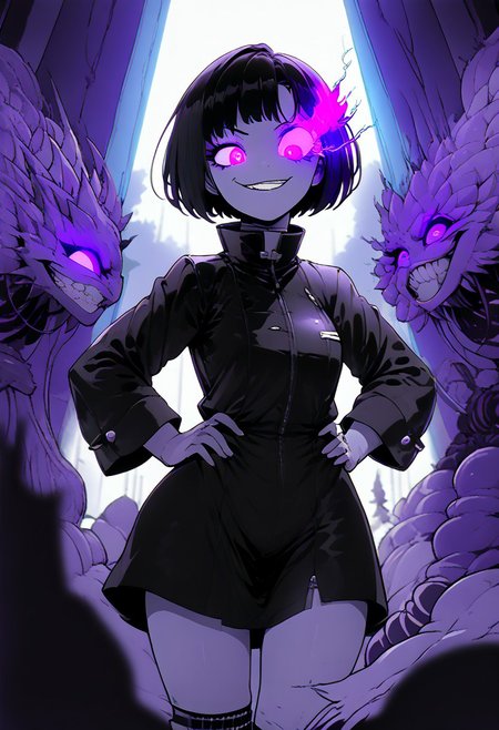 source_anime,rating_explecit,anime coloring, 1girl , solo woman, short hair, silky hair, black hair ,spiky hair, medium breast, long flowing black raincoat, standing, no pants, black and magenta stripped knee socks, hands on hips, confident, leaning forward slightly, looking down at another, ((view from the side, side view)), wide stance, ((vivid glowing magenta eyes)), score_9, score_8_up, score_7_up, score_6_up, score_5_up, score_4_up, Goth girl, black lipstick، unnatural grin, full body, demonic background, hellscape, eyes in background, floating eyes, dark shadows, creepy scenery, blurry background, knva, ((grinning, smug expression)), crackling magenta lightning racing on the floor, heavy shadows on the floor, static in shadows, ultra detailed, neolight, <lyco:EnvyGoth01:1>, cowboy shot, Depth of field, BREAK (mult13y3, multiple eyes, eyes, tentacle eyes, background eyes:1.2)  lighting, volumetric lighting, electricity, glowing eyes, purple glowing eyes, purple flaming eye, purple eye trail, wide smirk,  (UHD quality:1.1),
<lora:Sinozick_Style_XL_Pony:0.8> <lora:LineArt Mono Style LoRA_Pony XL v6:0.5> <lora:IncaseLycoXL:0.5> <lora:Granblue_Fantasy_Style_XLv4:0.5> <lora:Flaming:1><lora:PDXL Multi Eye:0.9> (hips:1.3), (masterpiece:1.2), (highly detailed:1.2), (intricate:1.2), (best quality:1.2),(8k:1.2), (sharp:1.2), (majestic:1.2), natural lighting, detail++