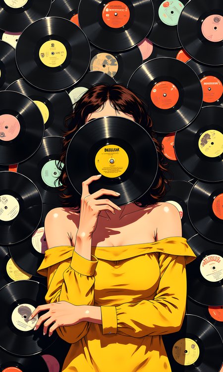 A woman holding a vinyl record in front of her face, obscuring it from view. She has a confident and artistic pose, with one hand holding the record and the other resting on her arm. 
Her facial expression is not visible due to the vinyl record covering her face. However, her body language suggests a sense of confidence and creativity, as she uses the record as a form of artistic expression. 
She is standing with her arms crossed, holding the vinyl record in front of her face with one hand. Her posture is upright and relaxed, indicating ease and comfort in her surroundings. 
She is wearing a yellow off-the-shoulder top that accentuates her shoulders and arms. The simplicity of her outfit allows the focus to remain on the vinyl record and her pose. 
The camera is positioned at eye level, capturing the subject from a frontal perspective. This angle allows for a clear view of her upper body and the vinyl record she is holding. The framing focuses on her upper body and the record, highlighting the details of her attire and the album cover. 
The lighting is soft and even, likely from a natural light source or studio lighting, casting gentle shadows around the subject. The light highlights her features and the texture of her clothing, while the shadows add depth and dimension to the scene. The overall lighting creates a warm and inviting atmosphere. 
The background is filled entirely with the vinyl records, creating a seamless and immersive composition. The records fill the entire frame, leaving no empty space, which emphasizes the abundance and variety of the collection.
The subject of the image is a collection of vinyl records. The records are piled together, creating a visually striking and colorful composition. Each record has a unique label with various colors and designs, adding to the overall vibrancy of the scene.
The records are arranged in a random yet visually appealing manner, overlapping each other. Some records are positioned flat, while others are slightly tilted, creating depth and dimension in the image.
The composition is dynamic and engaging, with the records arranged in a way that creates a sense of movement and energy, with the subject centrally framed. The lines of her arms and the direction of the shadows lead the viewer's eye towards the vinyl record. The background is simple and uncluttered, which complements the subject without distracting from her. The overall composition is harmonious and visually appealing, capturing a moment of artistic expression and creativity. 
BREAK j_art, <lora:FLUX\J_Anime:1.0>