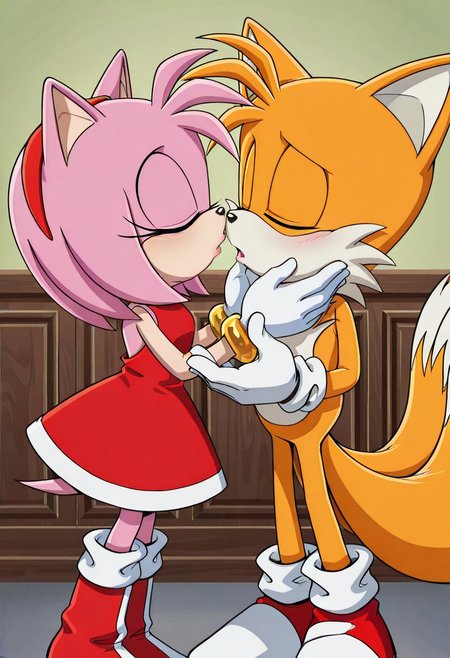 <lora:Tails_-_Sonic_X_IL:1.0> 1boy, male, Tails_IL,  white gloves, imminent kiss, closed eyes, AmyRose, 1girl, bright pink fur, large closed eyes, bangs, red dress with white trim, white gloves, red boots with white stripes, Gold circular bracelets, sonic the hedgehog, imminent kiss
