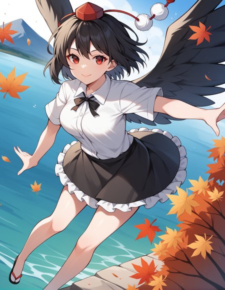 score_9, score_8_up, score_7_up, score_6_up, score_5_up, score_4_up, source_anime, rating_safe, BREAK <lora:ayaXL_LoRA-C3Lier_AdamW_Dim16_Alpha16_UN-3e-4_TE-1.5e-4_10batch_ponyDiffusionV6XL_v6StartWithThisOne:1>, ayanor, shameimaru aya, 1girl, tokin hat, pom pom \(clothes\), black hair, short hair, red eyes, medium breasts, collared shirt, white shirt, short sleeves, black bow, black skirt, frilled skirt, feathered wings, black wings, outstretched arms, floating hair, fighting, eye focus, light smile, closed mouth, leaning forward, aura, wind, from above, dutch angle, leaf, crow, autumn leaves, river, mountainous horizon