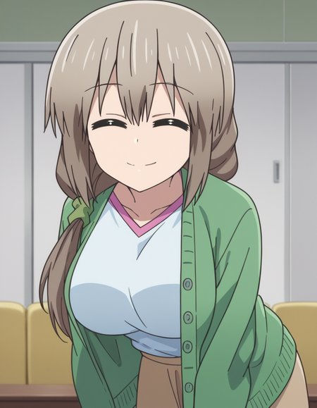 score_9, score_8_up, score_7_up, source_anime,
tsukiuzaki, <lora:tsuki-uzaki-s2-ponyxl-lora-nochekaiser:1>,
tsuki uzaki, long hair, closed eyes, grey hair, large breasts, hair over shoulder, scrunchie, hair scrunchie,
skirt, shirt, white shirt, cardigan, open cardigan, green cardigan, blue shirt, brown skirt,
indoors, bent over, smile,
looking at viewer, cowboy shot, solo, dutch angle,