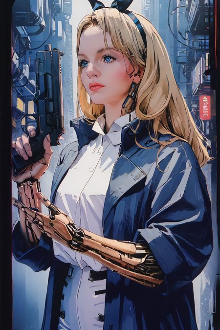 zPDXL3, <lora:80s_Vintage_Porn_Magazine_Style_V2:0.7>, 80spm, vintage porn, 80s era, 1980s photo, 1girl, <lora:CyberWare:0.8>, cyb3rwar3, cybernetic arms, <lora:AliceInWonderlandXLPony_character:0.8>, alicewaifu, blue eyes, blue leather trench coat, white pants, white shirt, black hairband, bow, blonde, holding a futuristic handgun, in a cyberpunk city at night