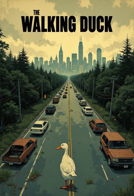 An artwork inspired by the iconic cover art of AMC's The Walking Dead Season 1, reimagined with a whimsical twist. The scene is an aerial view of a desolate highway stretching toward a distant city skyline, where towering skyscrapers loom against a foreboding, cloudy sky. The left lane of the highway, leading away from the city, is packed with abandoned and decaying cars, their rusted frames and shattered windows telling stories of chaos and desertion. The right lane, leading into the city, is eerily empty except for a lone white duck walking confidently toward the city.
The duck, slightly oversized but full of quiet determination, contrasts the vast emptiness of the road. Its soft white feathers and orange webbed feet stand out subtly against the muted, desaturated color palette dominated by grays, browns, and greens. A sepia filter bathes the entire image, giving it a vintage, dystopian feel.
At the top of the composition, the title "The Walking Duck" is boldly written in the original clean, black font of the  franchise, perfectly mirroring the aesthetic of the series. The overall tone of the image balances the eerie atmosphere of isolation with the unexpected whimsy of the duck, creating a striking and memorable visual.