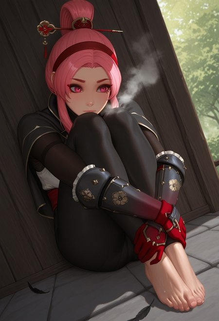 damon,  outdoors, undershirt, falling feathers, black bodysuit, hair stick, hugging own legs, , gauntlets,   eyeshadow,   red gloves,  high ponytail,  , black capelet, red hairband, pink eyes, 1girl, solo, feet, visible breath,   dynamic angle, foreshortening, smell, steam,
