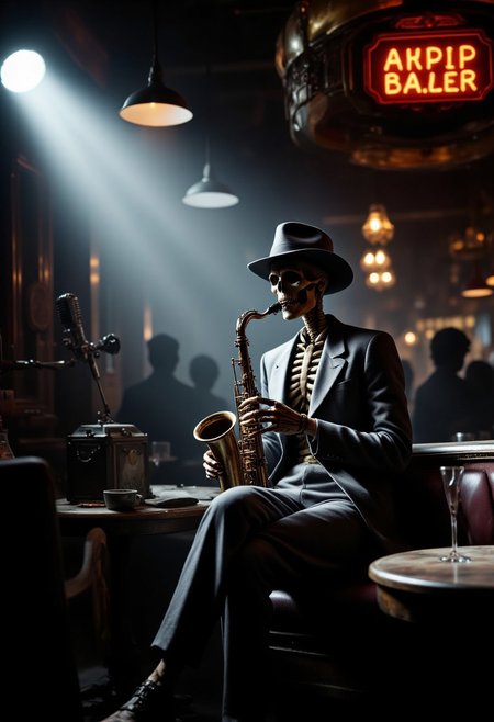 A 1930s Noir-themed skeleton sits coolly in a dimly lit jazz club, playing a sleek, polished saxophone under a single spotlight. Dressed in a crisp pinstripe suit, with a fedora casting a shadow over his hollow eye sockets, the skeleton's bony fingers glide effortlessly over the instrument, sending haunting, soulful notes into the smoky air. The glow of a nearby neon sign filters through the haze, reflecting off his polished bones and creating a moody atmosphere. In the background, shadowy silhouettes of patrons sip cocktails at round tables, while a vintage microphone and dusty stage curtains complete the scene. The skeleton exudes style and mystery, as if he’s the coolest jazz player in a world between the living and the dead