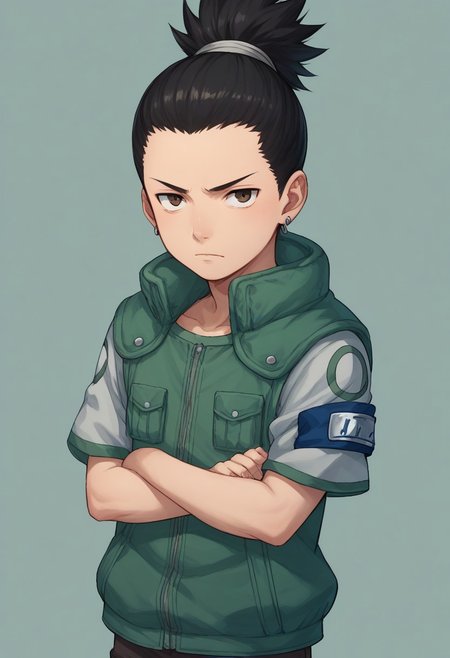 score_9, score_8_up, score_7_up, highly detailed, cute boy, 1boy, solo, young, Shikamaru_Nara, Brown Eyes, Black Hair, Ponytail, Earrings, Flak Jacket, Armband, Brown Pants, Arms crossed,