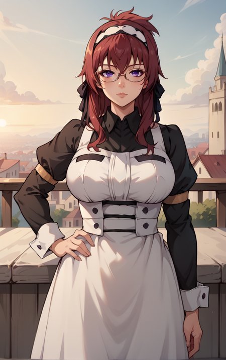 score_9, score_8_up, score_7_up, BREAK 
MaidOutfit_LiliaGreyrat_ownwaifu, 
1girl, folded ponytail, glasses, hair between eyes, hairband, long hair, purple eyes, red hair, semi-rimless eyewear, sidelocks, under-rim eyewear, white hairband, bangs, hair ribbon, large breasts, mature female,
black dress, collared shirt, juliet sleeves, long dress, puffy sleeves, white apron, long sleeves, maid, maid apron, black ribbon, black sleeves,
(contrapposto, hand on hip), sunset, sidelighting, cityscape, vanishing point, outdoors, <lora:PONYXL_MushokuTensei_LiliaGreyrat_ownwaifu:1> , depth of field, solo,