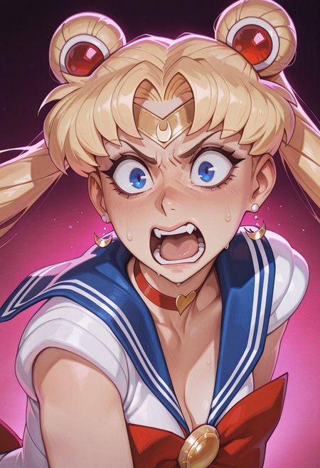 masterpiece, best quality, newest, absurdres, highres, dark lighting, pixelsketcher, fisheye view.
sailor moon, blonde hair, blue eyes, open mouth, aggressive, surprised, angry. 
pink background