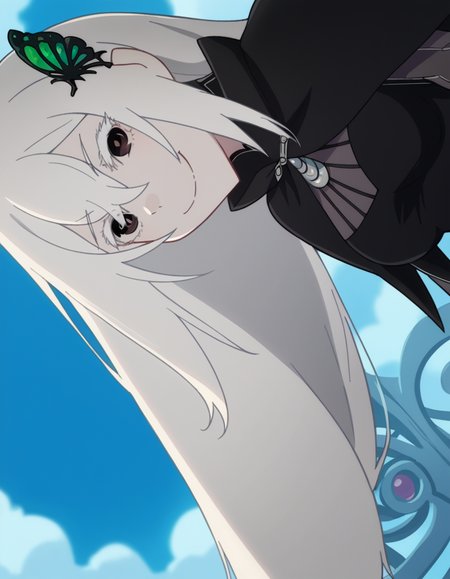 score_9, score_8_up, score_7_up, source_anime, <lora:rezero-echidna-s2-ponyxl-lora-nochekaiser:1>, echidna, colored eyelashes, white hair, hair between eyes, long hair, straight hair, black eyes, medium breasts,, black capelet, black dress, butterfly hair ornament, capelet, dress, hair ornament,, indoors, bent over, smile, smug, looking at viewer, solo,, cowboy shot, dutch angle