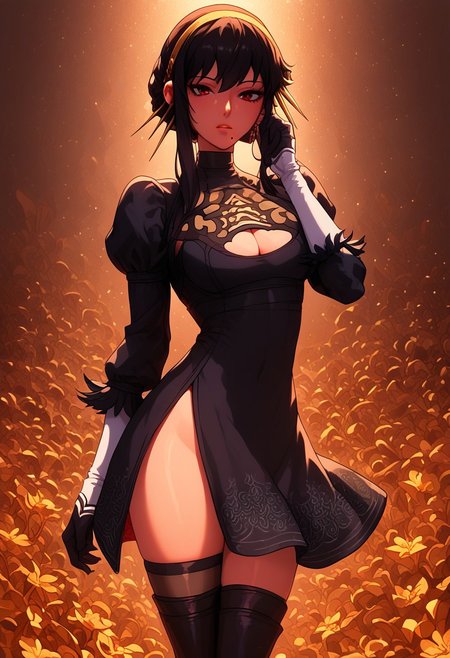 score_9, score_8_up, score_7_up, score_6_up, 1girl, Yor_Briar, twobskirt, nier dress, cleavage cutout, skirt, thighhighs under boots